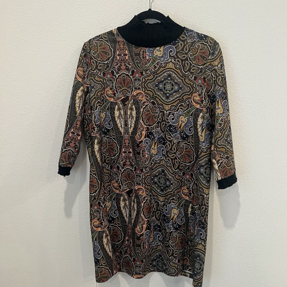 ZARA BASIC. DRESS mock neckline In Earth Colors/Paisley PRINT/ Small Retro